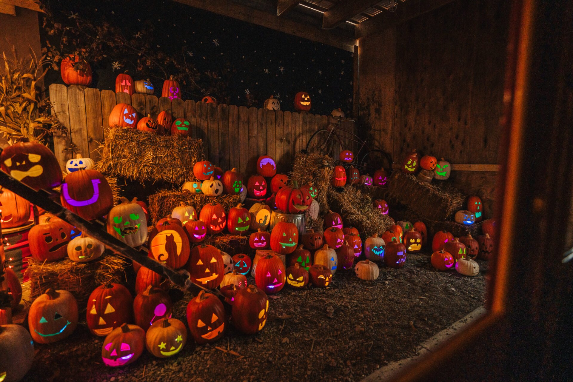 Brightly colored Jack O Lanterns.