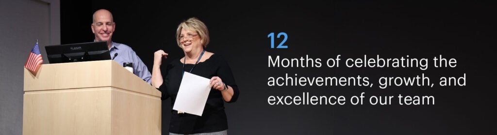 Photo of Knowledge Services President Joe Bielawski and CEO Julie Bielawski with text: "12 months of celebrating the achievements, growth, and excellence of our team."