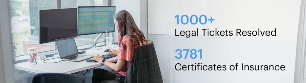 Photo of female employee working at desk with text: "Over 1,000 legal tickets resolved. 3,781 certificates of insurance."