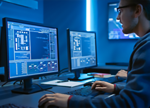 Multiple people working on computers, with blue lighting in the background.